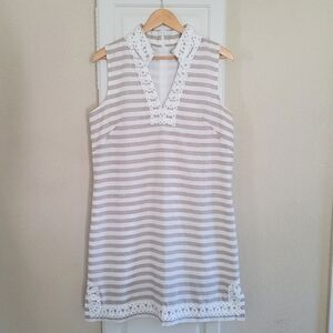 Eliza J Beige & Cream Striped Eyelet Trim Linen Blend Shift Dress Sz 10